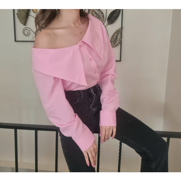 Tasarım Model Kayık Yaka Pembe Poplin Gömlek